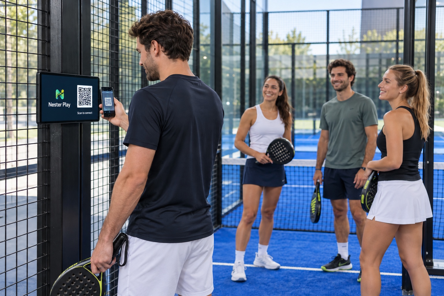 A player scans the QR code on a slim Nester Play court display while three friends wait inside the padel court