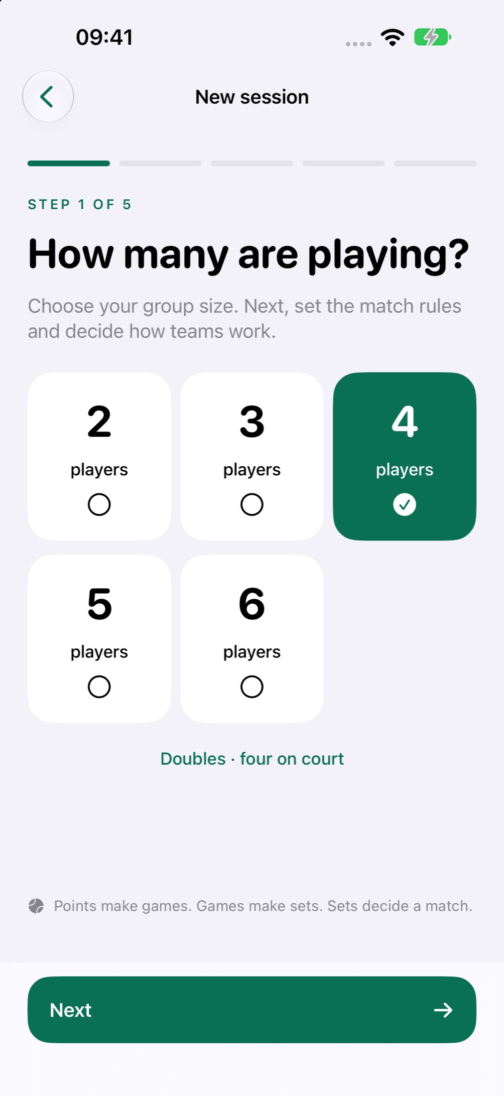 Session setup asking how many players, with four selected